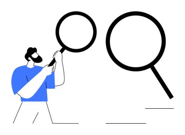 Büyüteç tutan kişi, daha büyük mercekleri araştırıyor. Araştırma, odaklanma, teftiş, detaylara dikkat, keşif, veri analizi eğitimi için ideal. Basit düz metafor