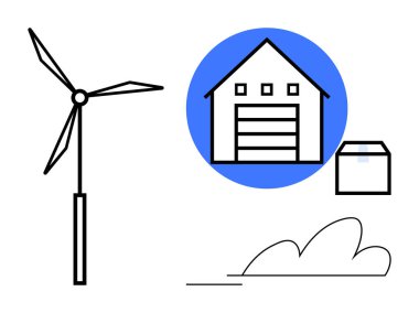 Deponun yanında rüzgar türbini, bir kutu ve bir bulut. Enerji, lojistik, verimlilik, çevre, depolama sürdürülebilirliği için idealdir. Basit düz metafor