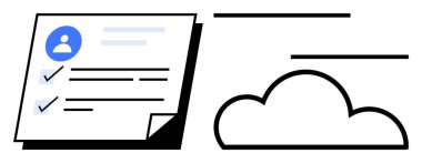 Kullanıcı profili, kontrol işaretleri ve dijital iş akışlarını, veri depolama ve çevrimiçi erişimi temsil eden bir bulut içeren belge. Teknoloji, üretkenlik, organizasyon ve iş veri paylaşımı için ideal