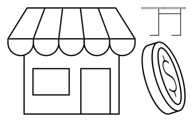 Tenteli vitrin, dolar işaretli büyük bozuk para ve masa taslağı. Perakende satış, girişimcilik, ekonomi, finans, küçük işletme e-ticaret markaları için idealdir. Basit düz metafor