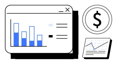 Dolar işaretli çubuk grafik ve çizgi pencereleri finansal büyümeyi, veri analizini ve performans anlayışını sembolize ediyor. İş, finans, istatistik, planlama, raporlar ve stratejiler için idealdir.