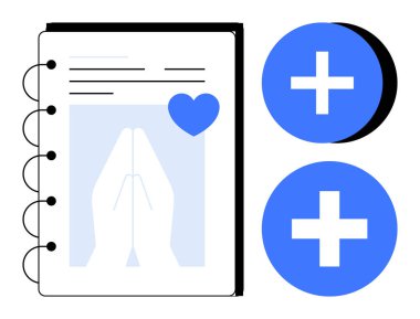 Dua konsepti. Dua eden bir el sembolü, kalbin yansıması ve ruhaniliği olan bir defter. Artı simgeler pozitifliği ve büyümeyi gösteriyor. İnanç için ideal, kişisel gelişim, refah, yaşam günlüğü