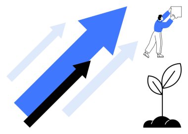 İş büyümesi konsepti. Mavi oklar yukarı doğru ilerlemeyi, büyüyen bir bitki gelişimini ve bireysel bir yenilik sergilemeyi gösteriyor. Başlangıç fikirleri, başarı, strateji, liderlik ve ilerleme için mükemmel
