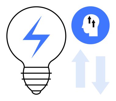 Enerji konsepti. Güç için bir cıvatayla bir ampulün içinden geçen enerji, yukarı doğru oklu bilişsel büyüme sembolü. Teknoloji, fikirler, iş dünyası ve girişimler için enerji ve bilişsel bağlantılar