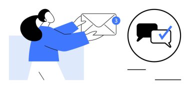 Bir e-posta zarfının yanında bir de uyarı rozeti ve işaretli mesaj özellikleri tutan kişi. İletişim, takım çalışması, bildirimler, güncellemeler, teknoloji, mobil kullanım için ideal, basit düz