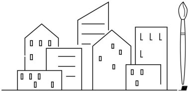 Boya fırçalı, yaratıcılığı, tasarımı ve mimariyi simgeleyen minimum şehir binaları. Kentsel planlama, sanat, yenilik, inşaat, iç tasarım modernliği için idealdir. Basit düz metafor