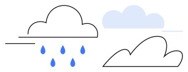 Yağmur damlalı üç minimalist bulut tasarımı, soyut açık mavi bulutlar ve ana hatları çizilmiş şekiller. Hava, doğa, atmosfer, iklim, tahmin, çevre ve basit düz metafor için ideal