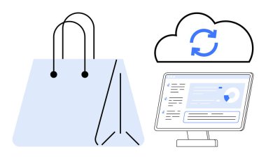 Alışveriş torbası, senkronizasyon simgesiyle bulut, torpido gözüyle bilgisayar ekranı. E-ticaret, dijital pazarlama, teknoloji, çevrimiçi iş, veri yönetimi, bulut
