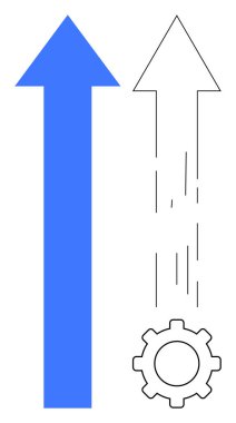 Yukarıya doğru uzanan mavi ok, aşağıda dişli ok, büyümeyi, verimliliği, ilerlemeyi ve yeniliği sembolize ediyor. İş stratejisi, başarı, üretkenlik, geliştirme teknolojisi için ideal