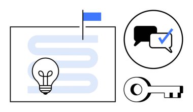 Yol haritasının üzerinde bir ampul, işaretli işaretli konuşma baloncukları ve anahtar sembol. Strateji, başarı, yenilik, planlama, takım çalışması problem çözme motivasyonu için idealdir. Basit düz