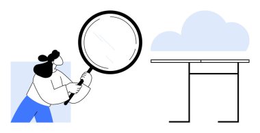 Analizi, araştırmayı ya da keşfi sembolize eden, yakınlarda bir bulut ve masa bulunan büyük bir büyüteci inceleyen kadın karakter. Veri, analiz, araştırma, bulut hesaplama teknolojisi için ideal