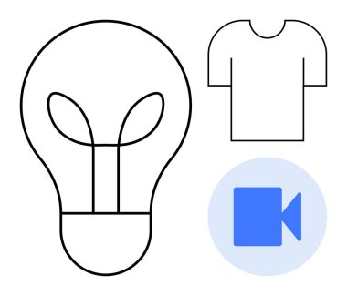 Yaprak elementli ampul, tişört hatları ve mavi daireli video kamera ikonu. Yaratıcılık, sürdürülebilirlik, e-ticaret, yenilik, moda, video üretimi çevre dostu kavramlar için ideal