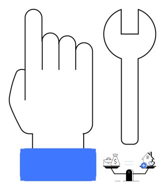 Karar verme konsepti. El hareketi, ingiliz anahtarı ve mali denge karar verme ve alet kullanımı. Finans, onarım, ev yönetimi, iş ve sorun çözmede karar verme