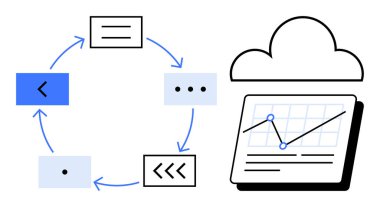 Bulut analitiğine yol açan oklu dairesel iş akışı bir çizgi çizelgesi gösteriyor. İş stratejisi, veri yönetimi, bulut hesaplama, süreç optimizasyonu, takım çalışması, sistem tasarımı için ideal