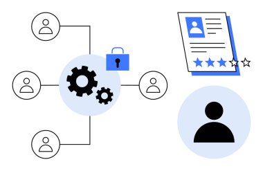Veri güvenliğini temsil eden bir kilit sembolü olan vites çevresine bağlı kullanıcılar. Beş yıldızlı bir profili var. Güvenlik, ağ oluşturma, HR, veri yönetimi, teknoloji, değerlendirme için ideal