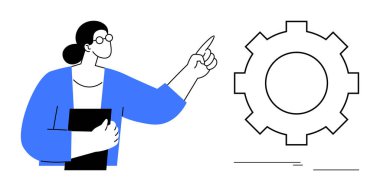 Belgeyi elinde tutan kişi, planlama ve geliştirmeyi temsil eden büyük bir vites sembolüne işaret ediyor. Takım çalışması, hedefler, yönetim, eğitim, sorun çözme, üretkenlik için ideal