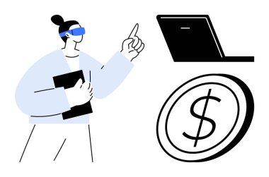 Sanal gerçeklik gözlüklü kadın dizüstü bilgisayarı gösterirken yanında dolar şeklinde bir para tutuyor. Teknoloji, yenilik, finans, iş stratejisi, dijital yatırım, gelecek için ideal