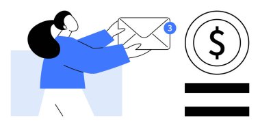 Elinde bilgilendirme balonu, dolar işareti ve eşitlik sembolü olan bir zarf tutan kadın. İletişim, e-posta, finans, çevrimiçi ödemeler, para yönetimi iş pazarlaması için ideal. Basit düz