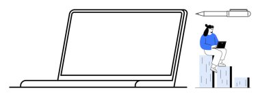 Bar grafiğindeki kadın, yakınındaki bilgisayar ve kalemle verileri analiz ediyor, üretkenliği, eğitimi ve yaratıcı düşünmeyi vurguluyor. İş yeri, çevrimiçi öğrenim, iş, strateji ve yenilik için ideal