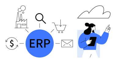 Merkezi ERP merkezi, birleştirme ikonları, fabrika, büyüteç, el arabası, zarf, para sembolü ve kullanıcı bir bulutu işaret ediyor. Yönetim, otomasyon planlama teknolojisi verimliliği için ideal