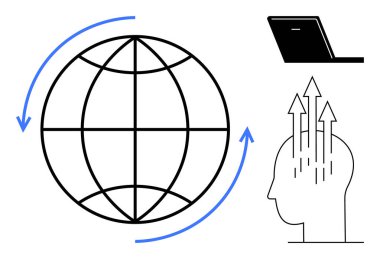 Dijital dönüşüm. Küre, teknolojik cihaz ve insan zihninde yenilik kavramı ile dijital dönüşüm. Küresel ulaşım için dijital dönüşüm. teknoloji, yenilik, küresel