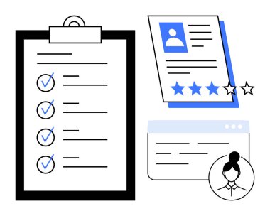 Panodaki kontrol listesi, yıldız reytingleri ve avatarı olan profil, içerikli tarayıcı penceresi. İşe alım, personel değerlendirmesi, insan kaynakları, kariyer planlaması, adam toplama, iş arama için ideal