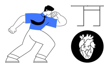 Kararlı bir adam kendine güvenen bir kol, anatomik kalp detayı tutkuyu ya da dayanıklılığı sembolize ediyor ve en az masa tasarımını. Çalışma ahlakı, esneklik, sağlık, güç ve kararlılık için ideal