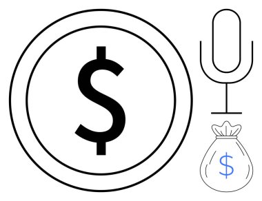 Çember içinde dolar işareti, mikrofon ve para çantası finans, gelir, iş, podcast, tasarruf, iletişim ve modern ekonomiyi sembolize ediyor. Podcastlar için ideal