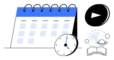 Spiral ciltli bir takvim, saati gösteren bir saat, oynat düğmesi, açık kitap ve gezegen sembolü. Program, hedefler, zaman yönetimi eğitimi, e-öğrenim üretkenlik multimedya için ideal. Basit.