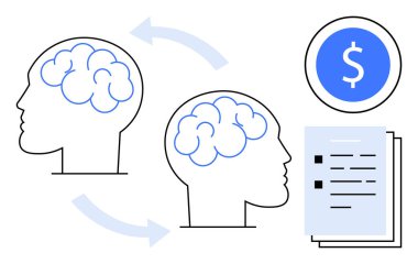 Bir dolar işareti ve belgelerle birlikte bilgi alışverişini temsil eden oklarla bağlantılı iki insan kafası. İşbirliği, öğrenme, yenilik, işletme, finans, takım çalışması stratejisi için ideal