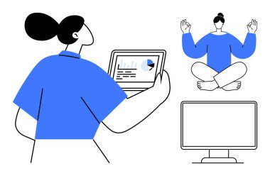 Tablet grafiklerini analiz eden kadın, meditasyon yapan insan ve bilgisayar çoklu görevi, farkındalığı ve odaklanmayı sembolize eder. Üretkenlik, refah, dijital çalışma, alışkanlık yapıcı uzaktan çalışma için ideal