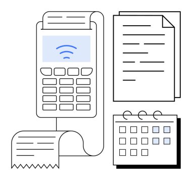 POS aygıt yazdırma makbuzu, bağlı belgeler ve takvim. Faturalama, perakende, finans, muhasebe, harcama takibi verimliliği için ideal. Temiz, düz metafor