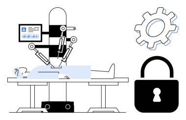 Gelişmiş teknolojisi olan bir hastaya robot destekli ameliyat, yenilik için teçhizat, güvenlik için kilit. Sağlık, teknoloji, yapay zeka, siber güvenlik, yenilik, gelecekteki tıbbi güvenlik eğilimleri için ideal