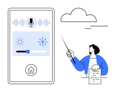 İklim kontrolü ve sesli komut görüntülerini gösteren akıllı telefon arayüzü. Resme bakan kişi, raporunu tutuyor. Akıllı ev, teknoloji, otomasyon, kullanıcı arayüzü, eğitim için ideal
