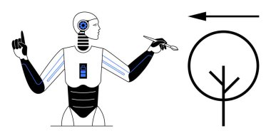 Robot konsepti. Teknoloji ve sürdürülebilirlik arasında bağlantı yaratan robotik gelişmeler, fütüristik robot, sembolik ağaç ve yön oku ile resmedilmiştir. Yapay zeka için ortam