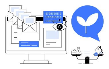 Mahremiyet kavramı. Teknolojik elementlerle yapılan dijital iletişimde mahremiyet e-postaları, ikili kodları ve bir göz simgesini onaylıyor. Mahremiyet ve sürdürülebilirlikle denge. Veri güvenliği için ideal