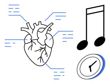Damarları ve damarları işaretlenmiş insan kalbi zamanı sembolize eden saat, ritmi tasvir eden müzik notası. Sağlık, anatomi, kardiyoloji, zaman yönetimi, ritim eğitimi bilimi için ideal. Basit düz