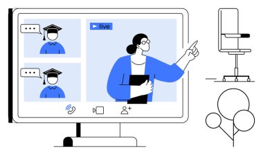 Ekranda mezuniyet şapkalı iki öğrenciyle canlı video sınıfını yöneten öğretmen. Eğitim, e-öğrenme, eğitim, sanal toplantılar, webinarlar, uzak takım çalışması, basit düz metafor