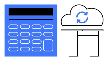 Monitörde senkronizasyon simgesiyle birlikte dijital tuş takımı ile birlikte bağlanabilirliği ve veri işlemesini vurguluyor. Teknoloji, finans, bulut hesaplama, analitik, otomasyon, dijital araçlar için ideal