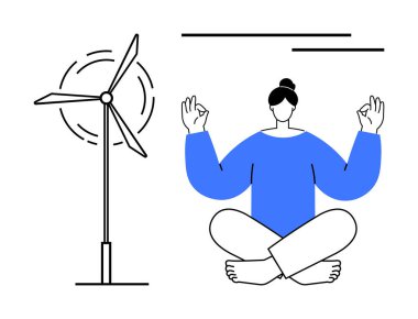 Meditasyonda yan yana oturan bir kadın yanında rüzgar türbini ile sağlıklı ve sürdürülebilirliği harmanlıyor. Eko-bilinç, farkındalık, temiz enerji, denge, yaşam tarzı, uyum için ideal