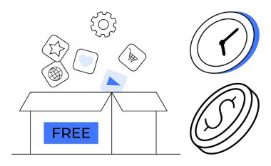 Hizmet ve araçları temsil eden ikonlar, dişliler, saat ve madeni para vurgulama etkinliği, değer ve erişilebilirliği içeren FREE etiketli kutuyu aç. Yenilik, finans ve verimlilik için ideal zaman tasarrufu