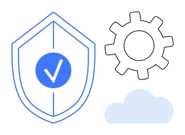 Koruma için işaretli kalkan, teknoloji için teçhizat ve bilgisayar için bulut. Veri güvenliği, bulut depolama, sistem koruması, siber güvenlik, yenilik, mahremiyet için ideal basit daire