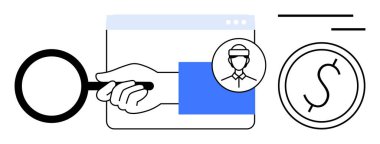 Profil simgesi olan bir tarayıcı üzerinde el ele büyüteç, araştırmayı gösteren dolar parası, işe alım, yetenek, yatırım, işe alım, maaş, ödeme, basit düz metafor