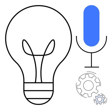 Fikirleri temsil eden ampul, mikrofon ve dişliler, ses teknolojisi, yenilik ve gelişim süreci. Yaratıcılık için ideal, takım çalışması, beyin fırtınası yapay zeka otomasyonu problem çözme basit düz