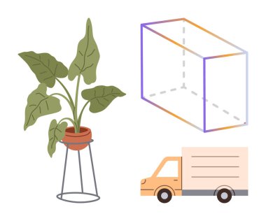 Bir standa saksı bitkisi, şeffaf küp taslağı ve küçük teslimat kamyonu. Doğa, geometri, ulaşım, ambalaj, ev dekoru lojistik minimalizmi için idealdir. Basit düz metafor