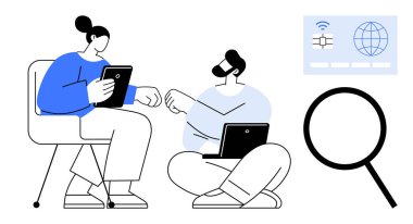 İki kişi takım çalışmasını vurgulayarak bir tablet ve dizüstü bilgisayar kullanarak etkileşime giriyor. Büyüteç, ağ kartı araştırmayı, bağlantıyı ve keşfi temsil eder. İşbirliği ve dijital öğrenme için ideal