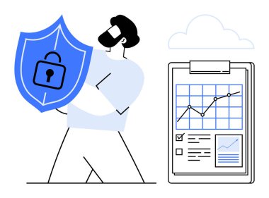 Kalkanı kilit sembollü tutan adam analitik grafik, onay kutuları ve belge özeti gösteren pano. Siber güvenlik, veri koruması, iş stratejisi, uyum ve mahremiyet için ideal