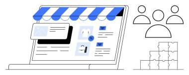 E-ticaret konsepti. Bir dizüstü bilgisayardaki e-ticaret, kullanıcı etkileşimini entegre eder ve görsel öğeler ürün gösterimlerini, indirimleri ve işlevsel bileşenleri parmakla gösterirler. E-ticaret çevrimiçi alışveriş ve web destekliyor
