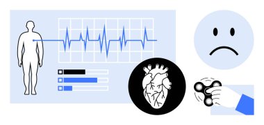 Kalp sağlığı konsepti. Kalp sağlığı ve vücut diyagramı ve kalp çizimi. Kalp sağlığı, hasta izleme ve stres yönetimi için hayati önem taşıyor. Sağlık, sağlık, sağlık, tıbbi uygulamalar için.