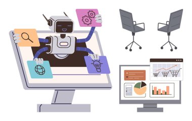 Birden fazla kolu olan robot verileri, interneti ve iki ekran ofis sandalyesinden gelen fikirleri analiz ediyor. Teknoloji, otomasyon, yapay zeka, ofis işi, verimlilik yeniliği dijital yardım için idealdir. Basit düz